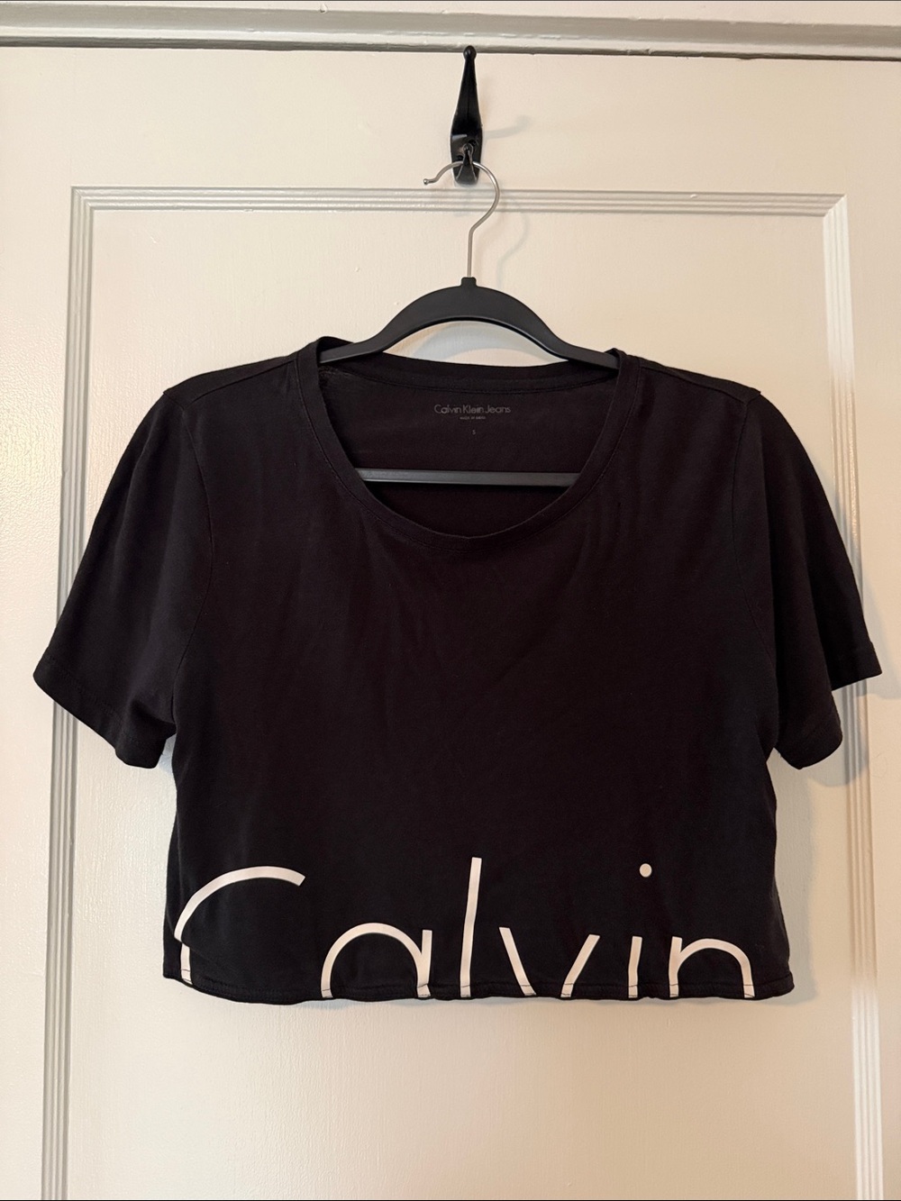 Calvin Klein Black Cropped Logo Top with White Print
